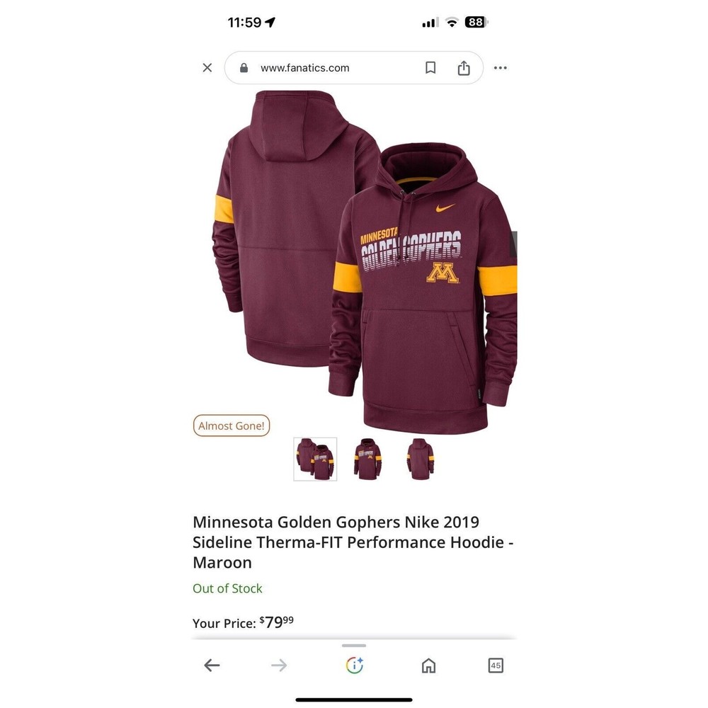 Minnesota Golden Gophers Nike DRI-FIT Performance Hoodie, maroon, Men's Medium